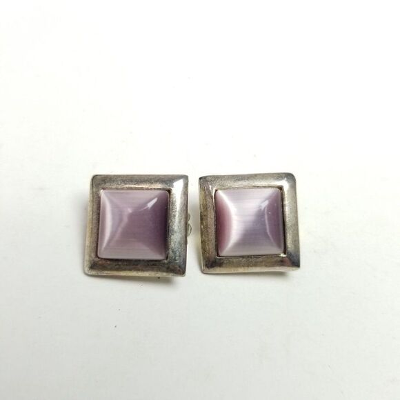 Vintage Lavender Purple Square Clip On Earrings, Silver Tone Setting, Estate - Picture 6 of 6